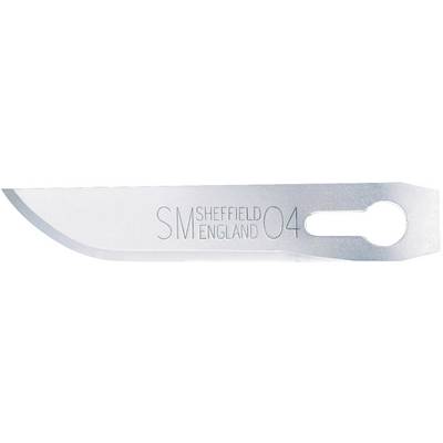 Surgical scalpel blade Size 04, engraved with 'S+M Sheffield England'.