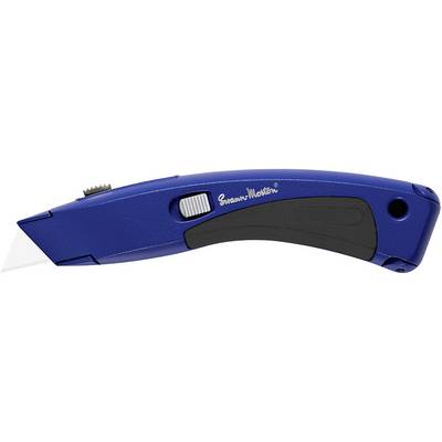 Blue safety cutter with retractable blade and black handle for ergonomic cutting.
