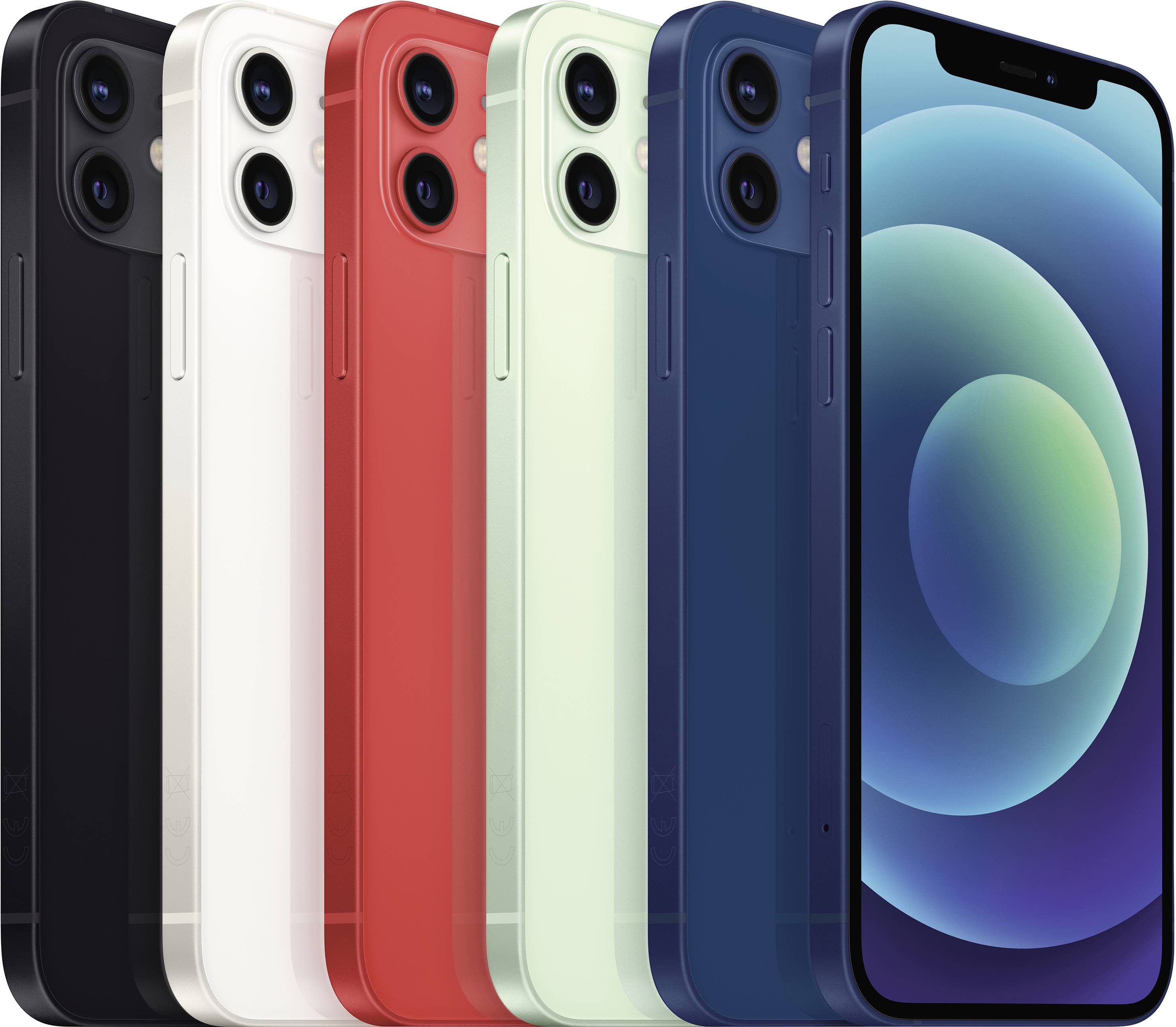 Six smartphones stand in a row in different colours. The model is the same for all, with differences only in their colour.