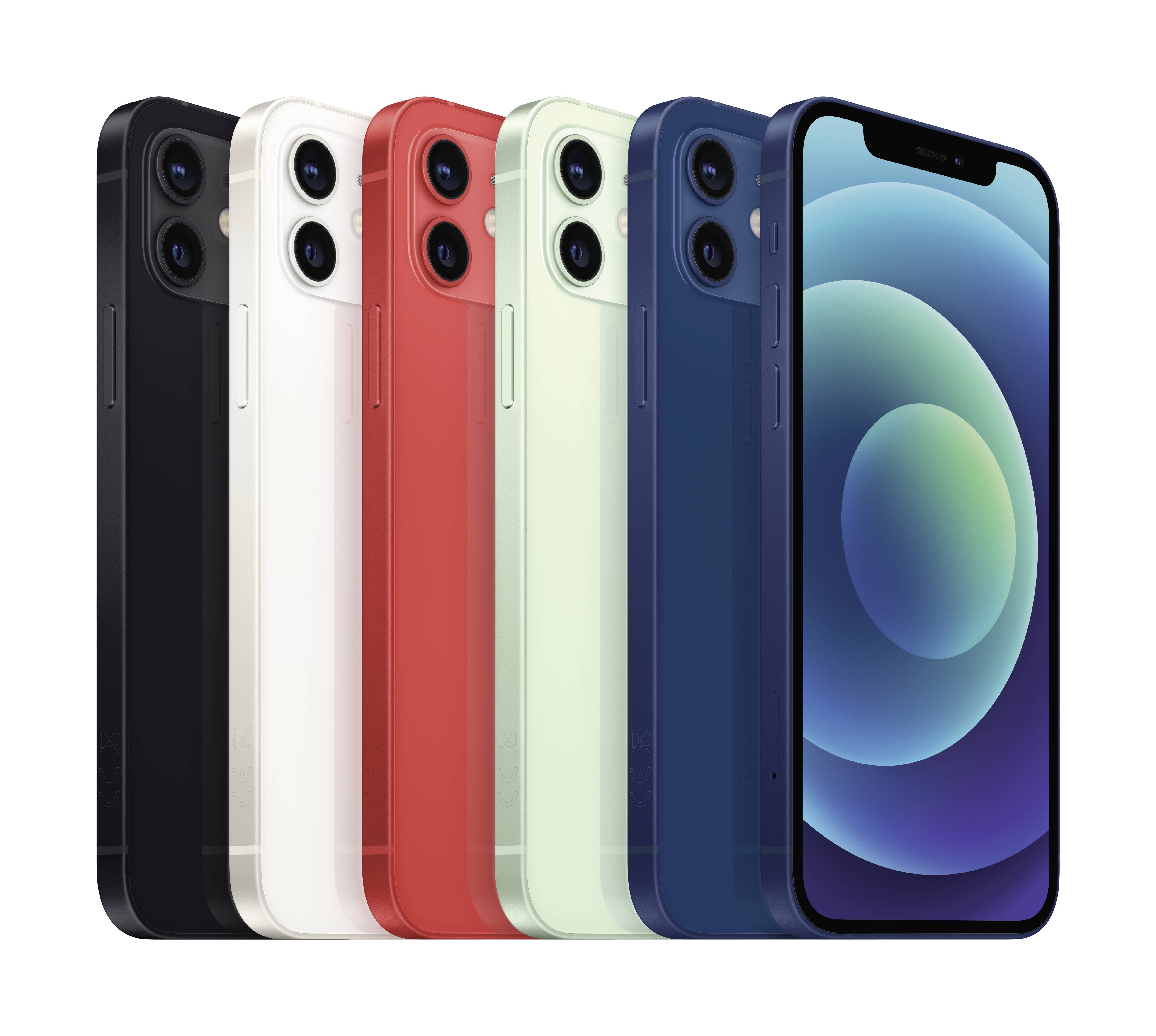 Six smartphones in various colours (black, white, red, green, blue) are positioned side by side, showing front and back views.