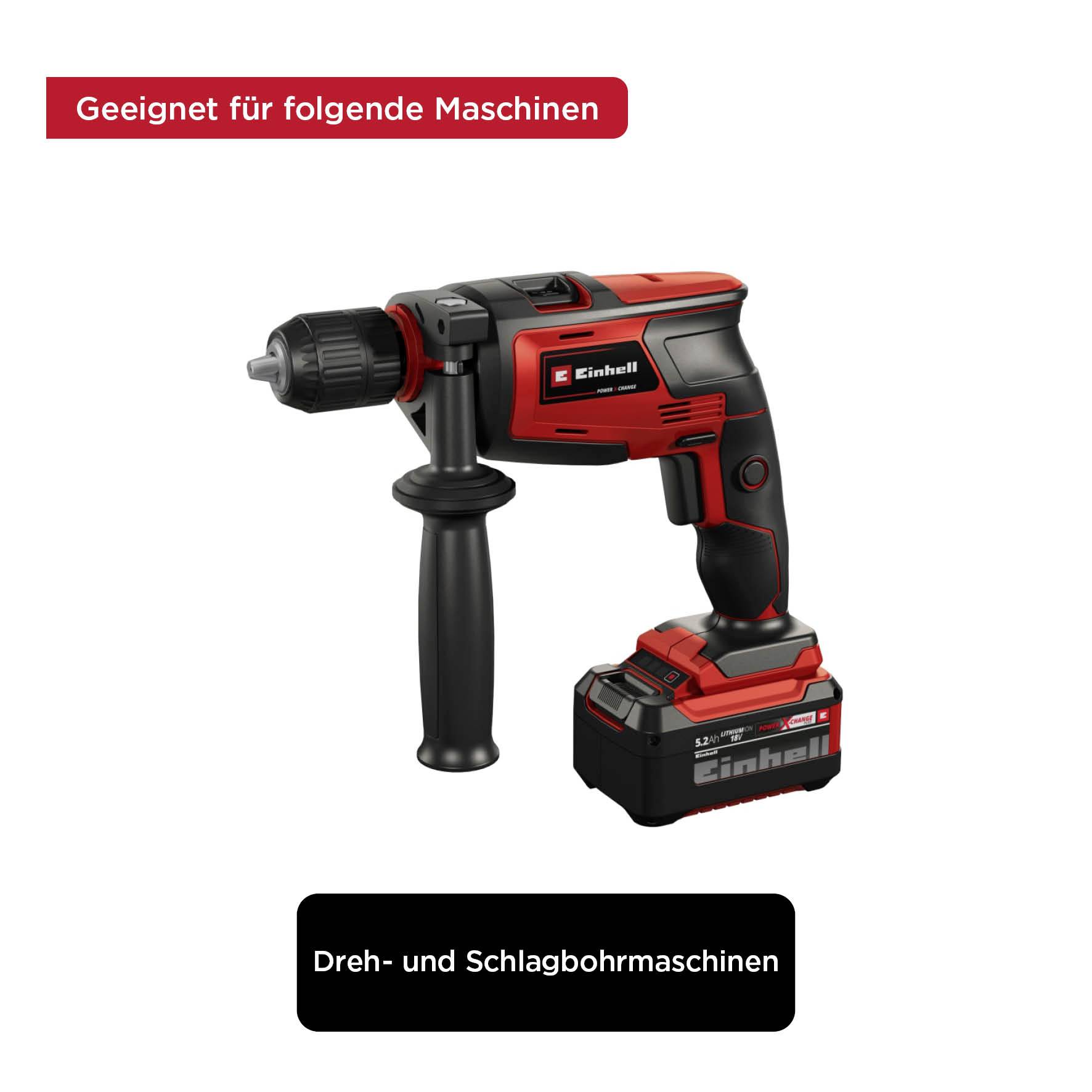 Cordless drill with a black handle and red casing, suitable for rotary and impact drilling machines. Labelling: Suitable for the following machines.