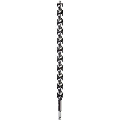 A large, metallic drill bit, vertically positioned, with a sharp point and spiral cutting edge, against a white background.