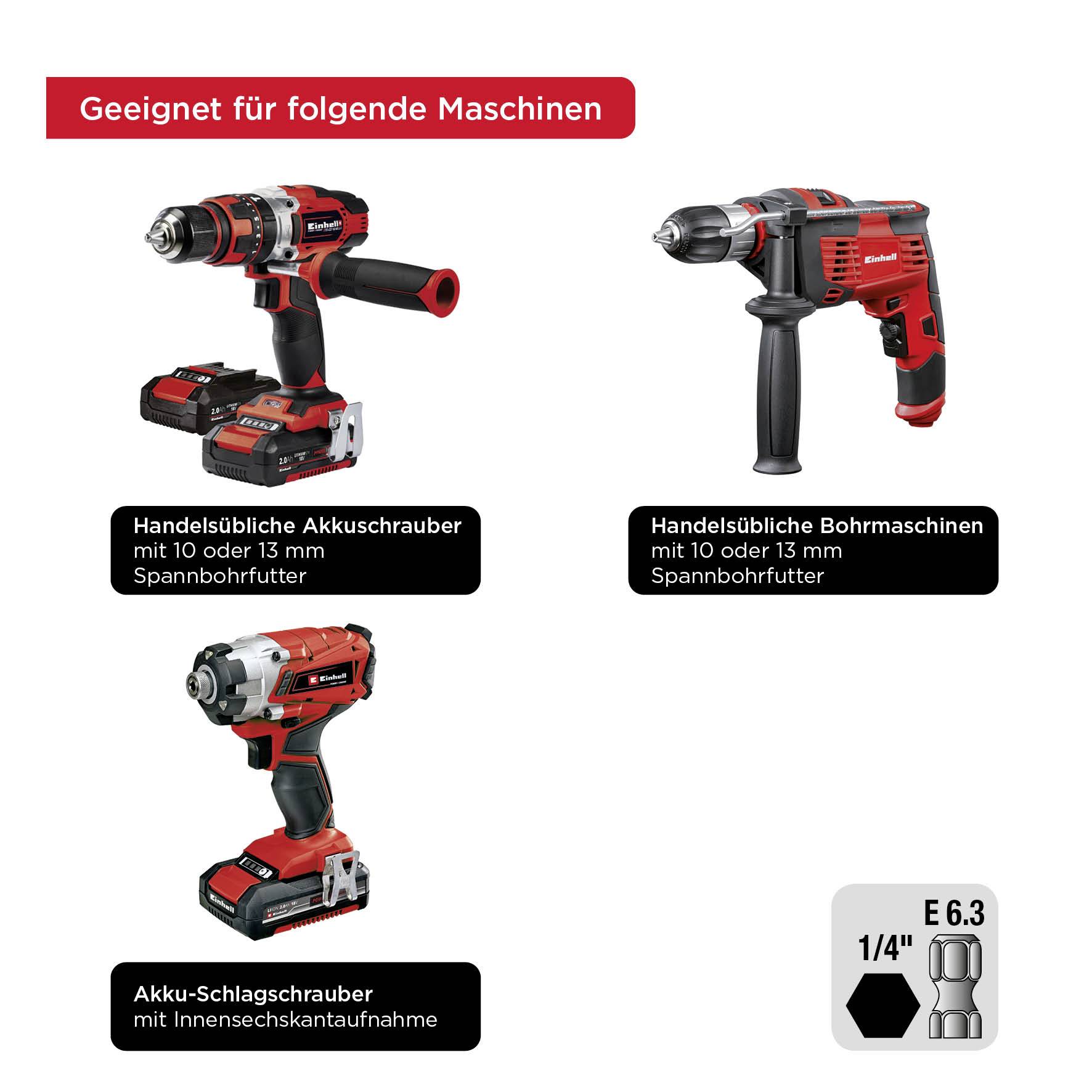 'Suitable for the following machines': Two cordless screwdrivers and a drill with specific features and accessories illustrated.
