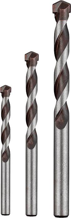 Three drill bits of different sizes standing upright next to each other. The drill bits are silver in colour with dark brown tips.