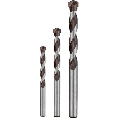 Three drill bits of different sizes standing upright next to each other. The drill bits are silver in colour with dark brown tips.