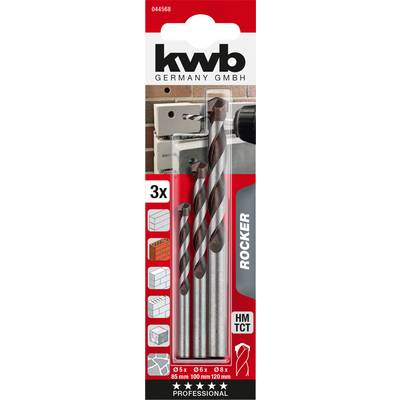 'Three KWB drill bits for concrete, metal and brick in various sizes. Packaging shows drill bits and application images for different materials.'