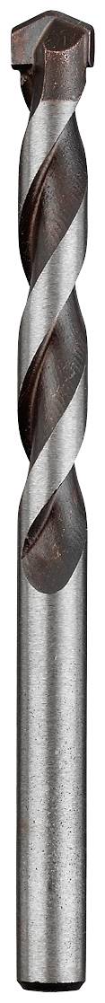 A silver drill with a spiral design and brown cutting head, vertically aligned.