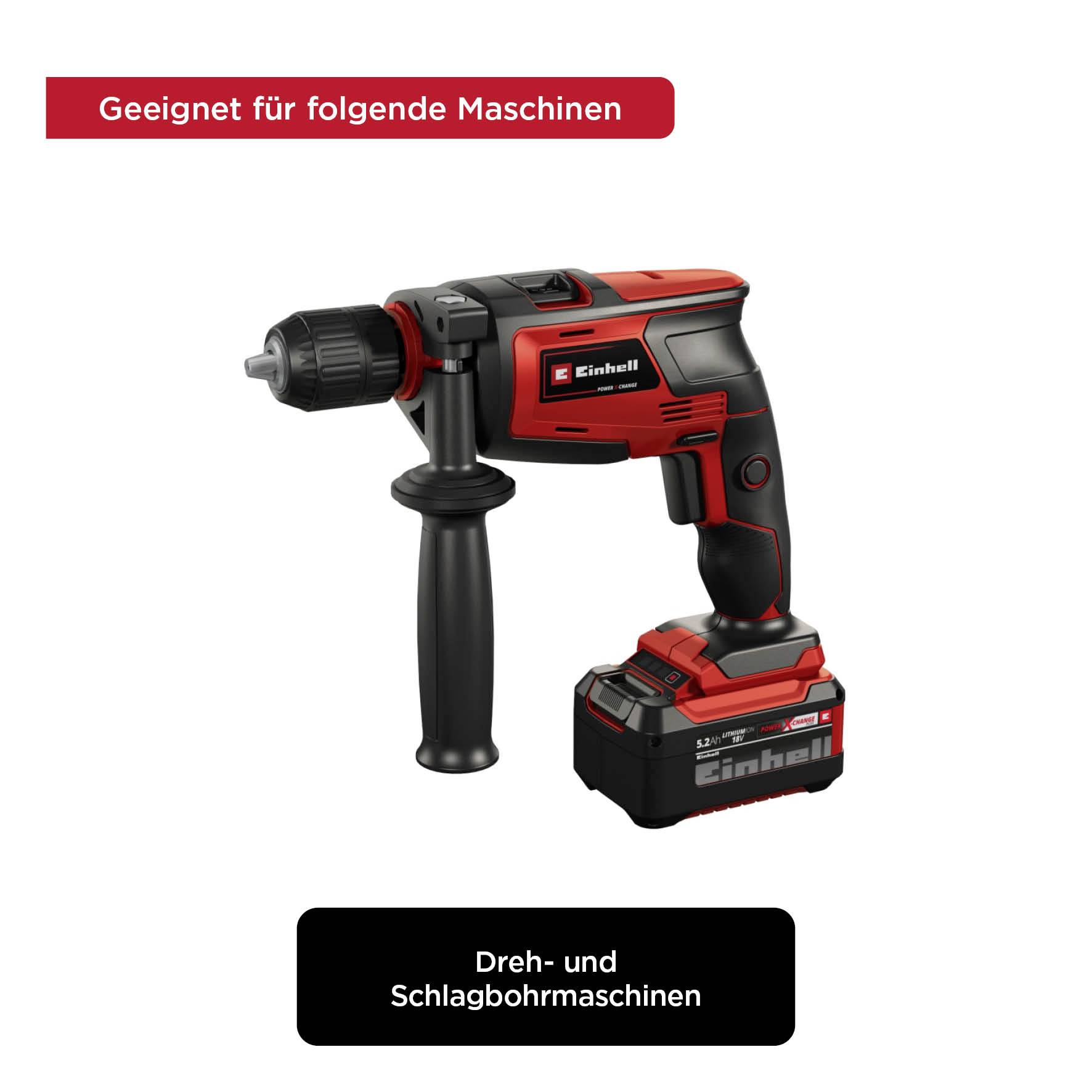 'Cordless drill with auxiliary handle. Text: Suitable for the following machines. Rotary and percussion drills.'