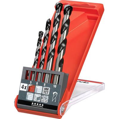 A red plastic case containing four drill bits in different sizes. Labelling indicates sizes: 5, 6, 8, 10 mm.