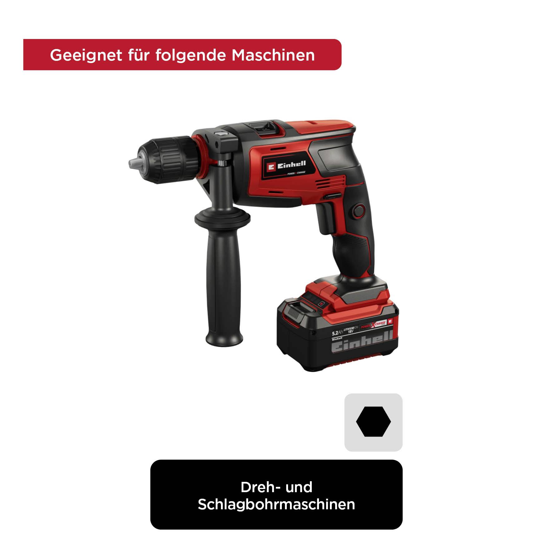 'Suitable for the following machines: Einhell Battery' is written above an image of a red-black rotary and hammer drill.