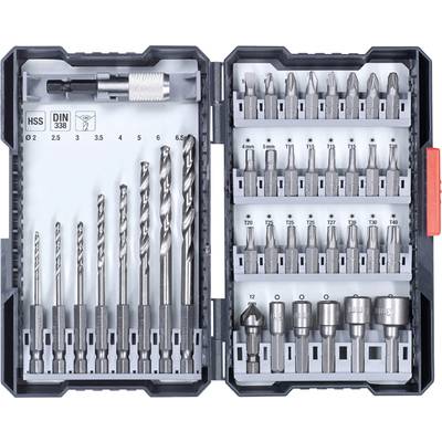 Drill and Bit Set in open box. On the left, various drill bit sizes from 2 to 6.5 mm, on the right, assorted bits and sockets.