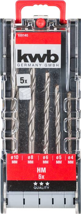Five HSS drill bits by KWB in various sizes (4 to 10 mm) in a transparent packaging with a red handle and logos.