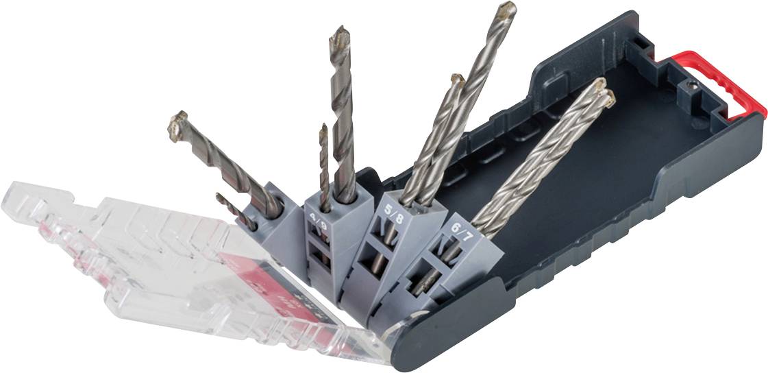 Drill set with five different drill bits housed in a foldable plastic case. The case is partially transparent with a red closure.