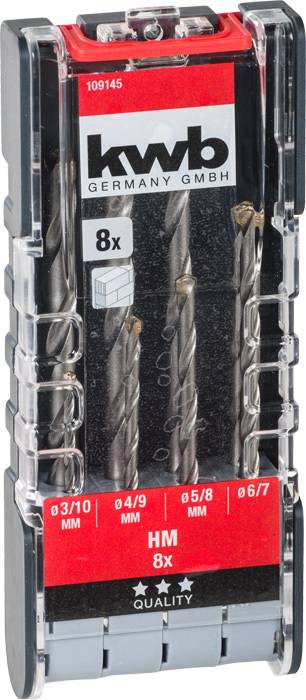 Drill Bit Set in Plastic Case; includes 8 masonry drill bits with diameters ranging from 3 to 10 mm; 'kwb' brand name on the packaging.