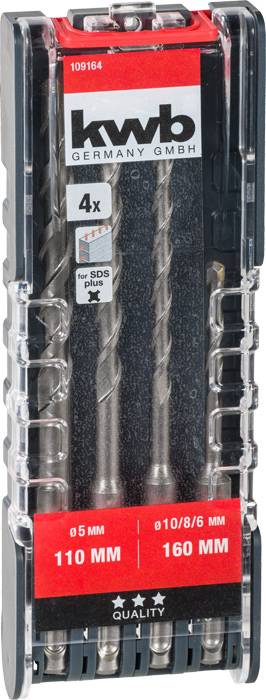 Drill Bit Set in packaging with three drill bits in sizes 5 mm, 10 mm, and 8 mm, suitable for SDS drill machines, brand 'kwb'.