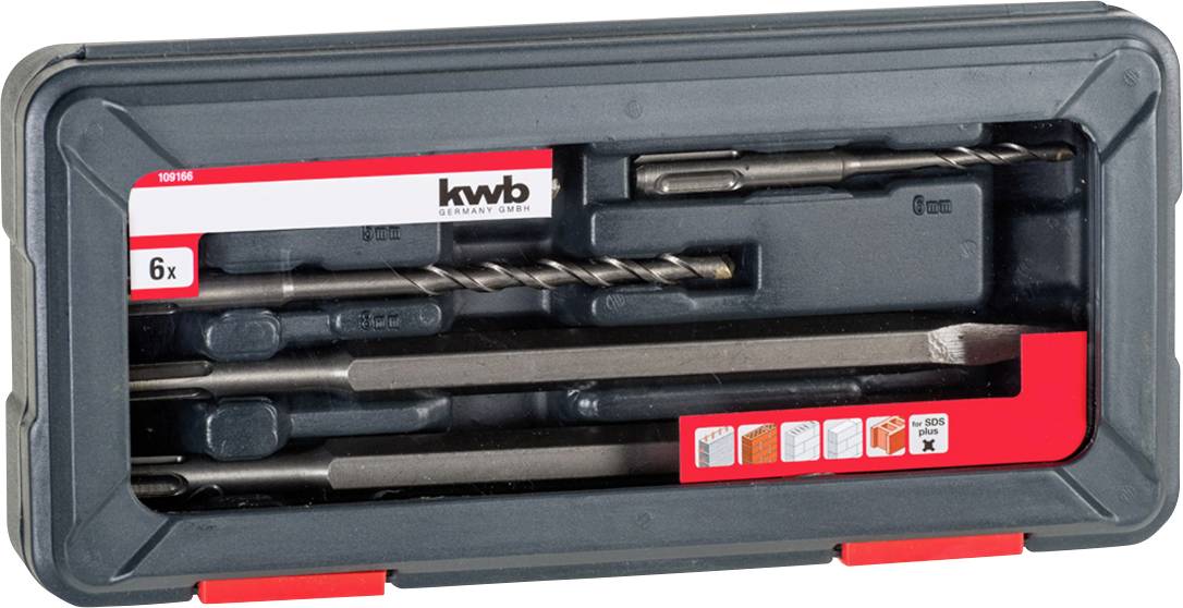 Tool box with six drill and chisel attachments in various sizes. Packaging with 'kwb' brand print and symbols.