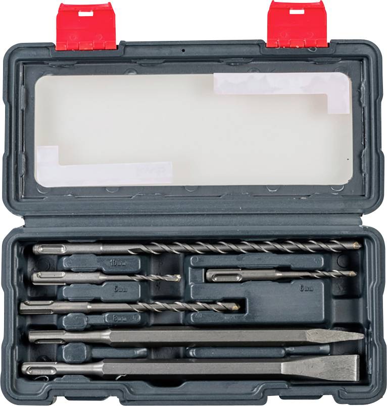 A drill bit set with various drill bits and chisels in an open plastic box with a red lid.