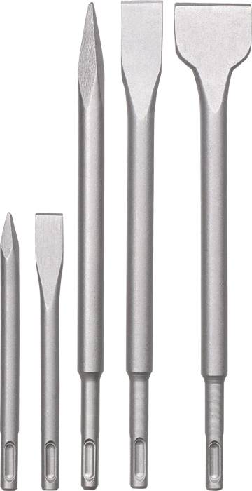 Five different types of chisel in varying sizes, arranged vertically, against a white background.