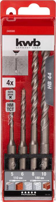 'Kwb Germany' Drill Bit Set with 4 SDS Plus Tungsten Carbide Drill Bits, Sizes 5mm to 10mm. Suitable for Masonry, Bricks, Stone Walls.