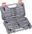 A drill bit set in an opened plastic case with various drill bits and chisels, arranged in corresponding compartments.