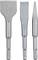 Three different metal chisels: a wide flat chisel, a narrow flat chisel, and a pointed chisel. Tools for demolition work.