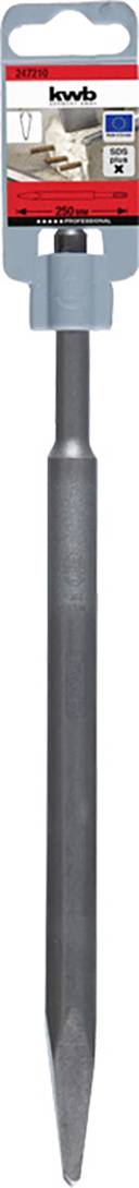Point chisel 'kwb' with robust metal body, suitable for demolition work. Packaging shows application example and accessory information.