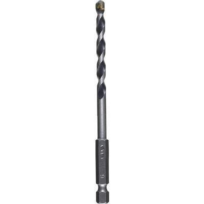 A black metal drill bit with spiral flutes and a hexagonal shank.