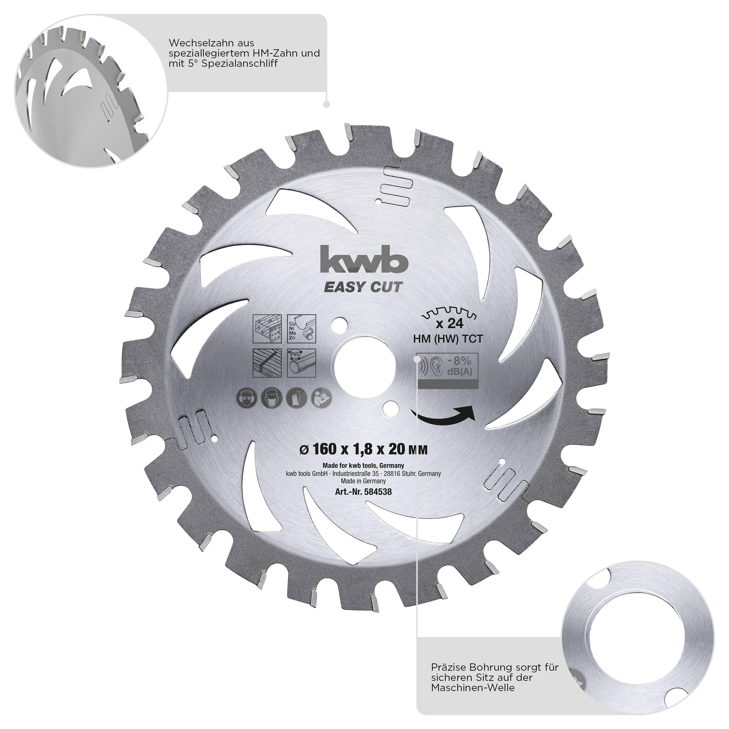 KWB circular saw blade with 24 alternating teeth and special drill holes for precise cuts. Details of tooth design and special channels are highlighted.