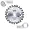 KWB circular saw blade with 24 alternating teeth and special drill holes for precise cuts. Details of tooth design and special channels are highlighted.