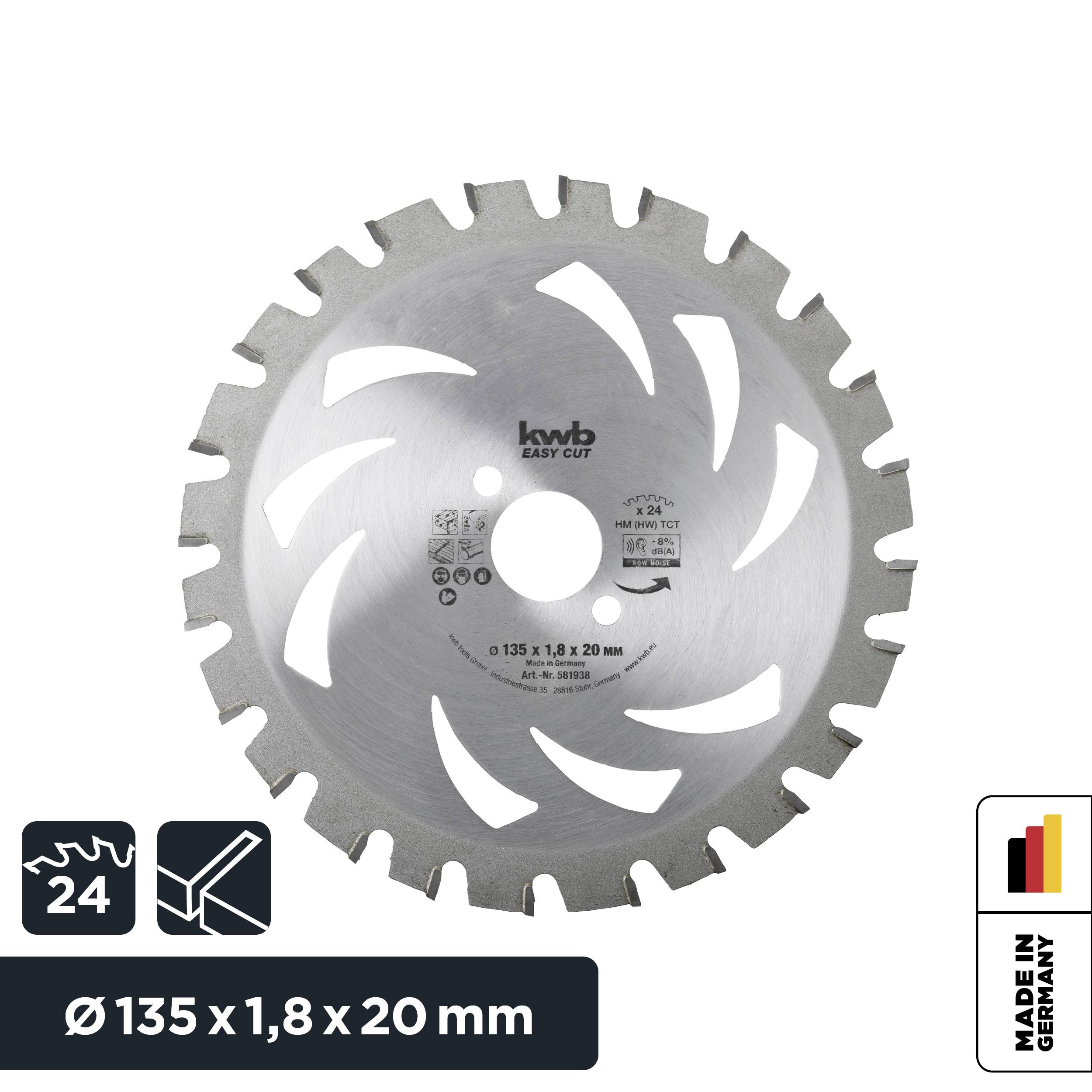 'Saw blade, 135 mm diameter, 1.8 mm thickness, 20 mm bore, 24 teeth. Manufactured in Germany.'