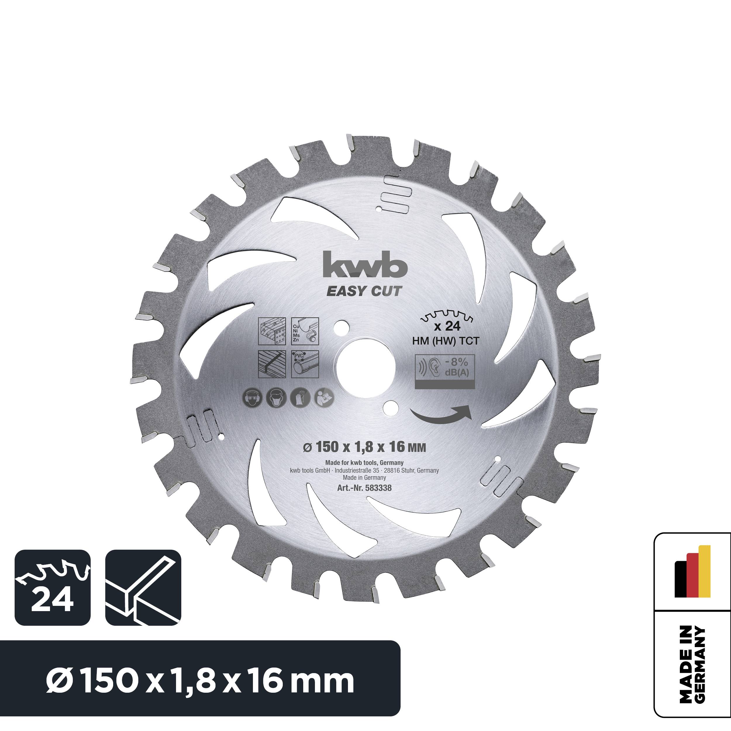 Saw Blade 'kwb EASY CUT' Ø 150 x 1.8 x 16 mm, 24 Teeth, HM (Hard Metal), manufactured in Germany. Suitable for precise cuts.