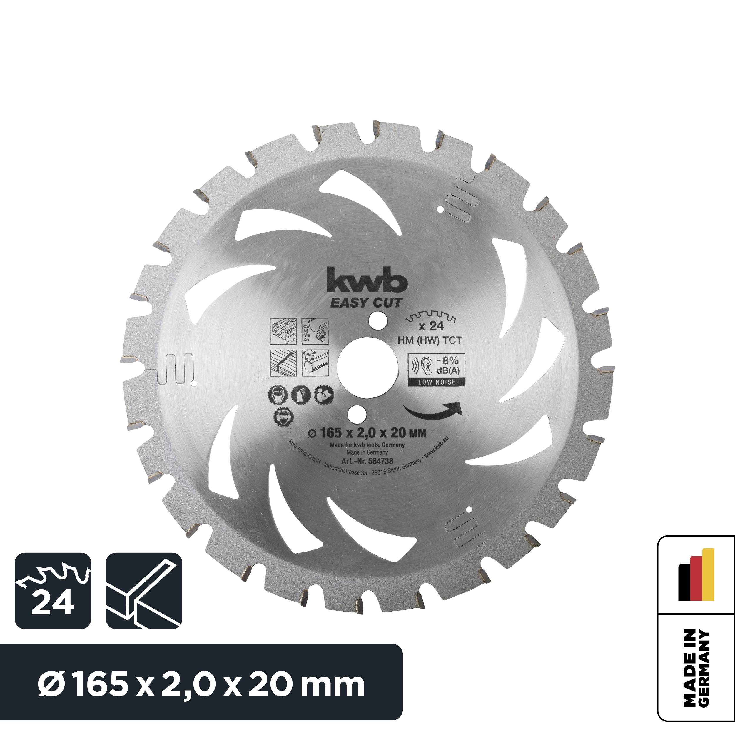 Circular Saw Blade 'kwb Easy Cut', 165 mm diameter, 24 teeth, laser-cut expansion slots, manufactured in Germany.