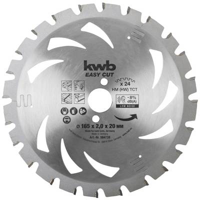 Round metal saw blade with teeth and centre, branded with 'kwb EASY CUT'. Prints contain technical details and pictograms.