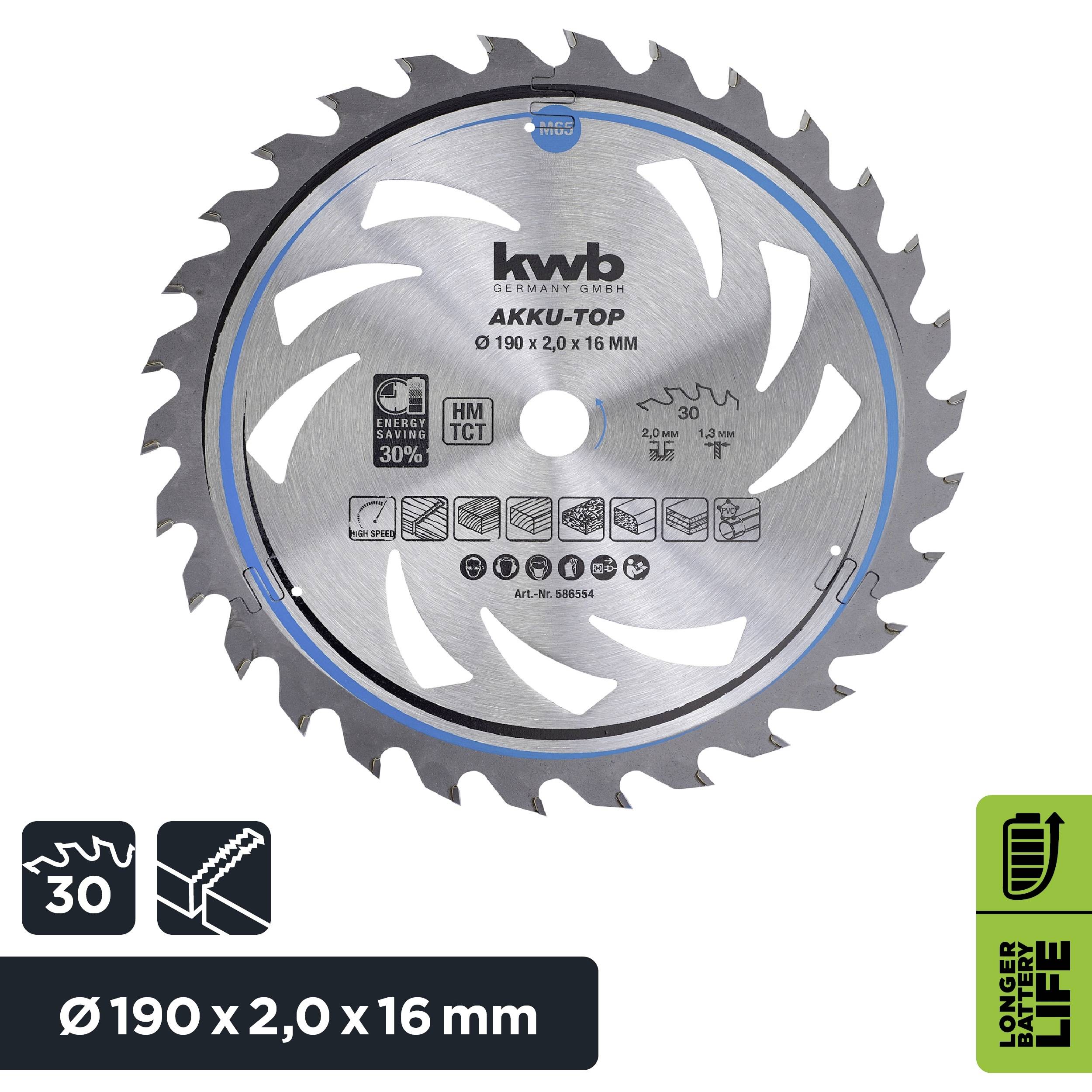 'KWB Circular Saw Blade for Wood and Metal Work. Diameter: 190 mm, Thickness: 2.0 mm, Bore: 16 mm. Outstanding Durability.'