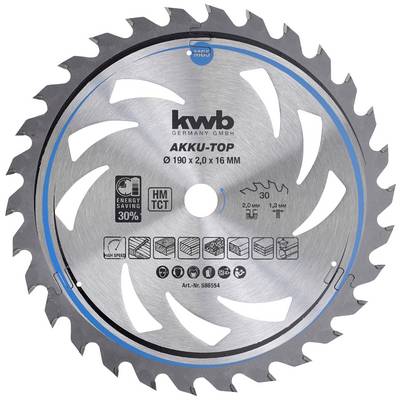 Saw blade with blue lines and graphical symbols, inscription 'kwb AKKU-TOP' and technical specifications. Energy-efficient.