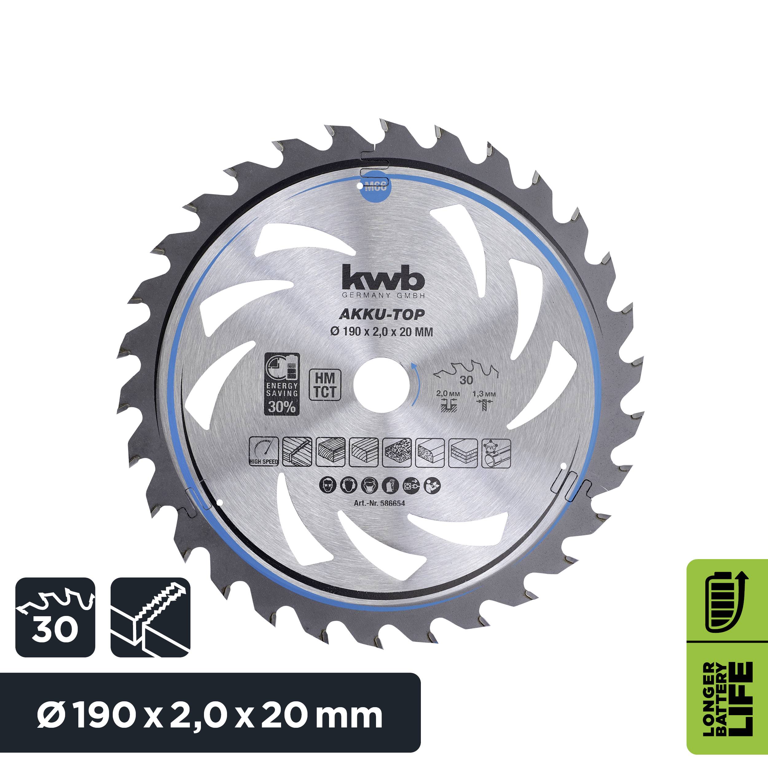 Saw blade for cordless power tools with 30 teeth, 190 mm diameter, for extended lifespan.