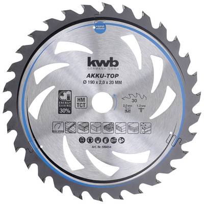 Circular KWB battery-top saw blade with 30 sharp teeth, suitable for precise cuts. Diameter 190 mm, energy saving of 30%.