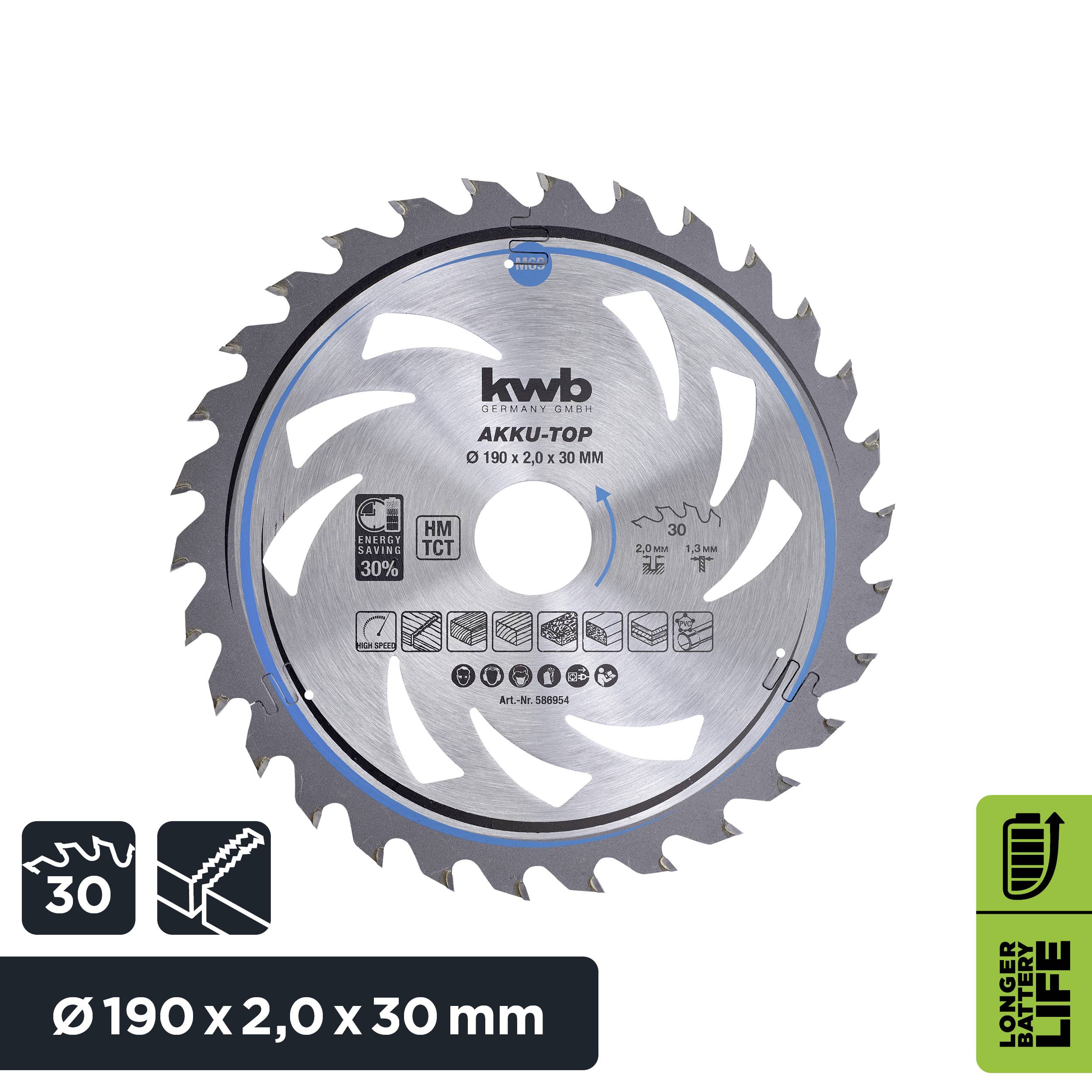 'Saw blade for cordless plunge and circular hand saws, Ø190 x 2.0 x 30 mm, tungsten carbide, reduces battery consumption, 30 teeth.'
