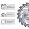 Circular saw blade, showing parts such as carbide alternate top bevel tooth, precision bore and low-friction coating. Ideal for low-noise cutting.