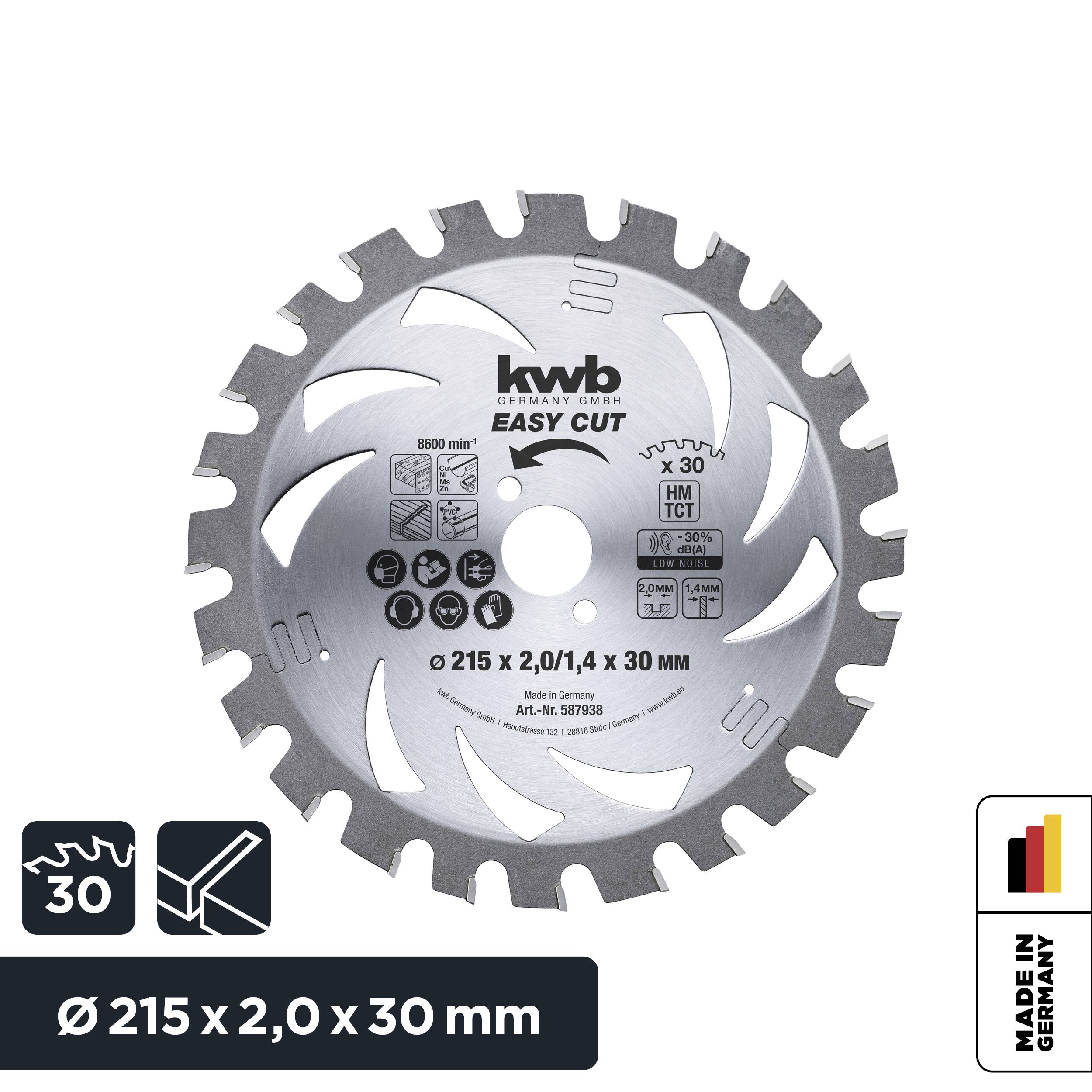Circular saw blade by 'kwb', model 'Easy Cut', diameter 215 mm, thickness 2.0 mm, 30 teeth. Suitable for: Wood. Made in Germany.