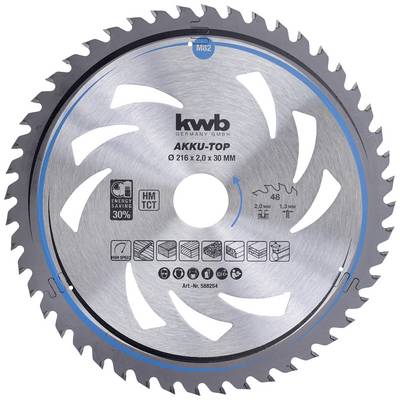'Saw blade by kwb brand, AKKU-TOP model, diameter 216 mm, energy saving 30%, suitable for wood and other materials.'