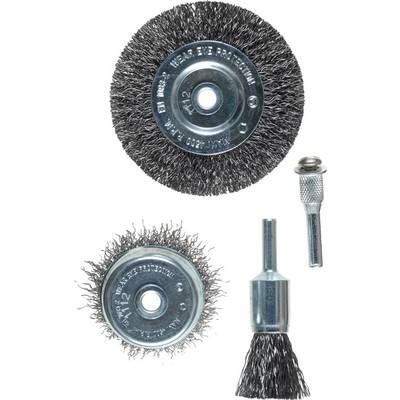 'Wire brush attachments in various shapes and sizes, suitable for cleaning and grinding work.'