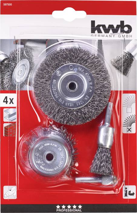 Four-piece set of wire brush attachments in a plastic packaging; suitable for power drills. Contains various shapes for different applications.