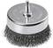 Metal round wire brush attachment with bristles and hexagonal connector. Suitable for cleaning or removing rust from metal surfaces.