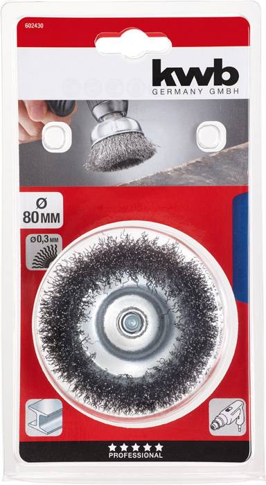 Packaging for a kwb steel wire brush, 80 mm diameter. Suitable for drills, for cleaning metal surfaces.