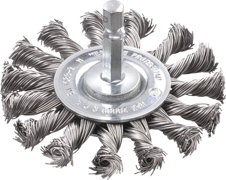 A round wire brush with twisted bristles and a metal mounting. Typically used for industrial cleaning tasks.