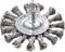 A round wire brush with twisted bristles and a metal mounting. Typically used for industrial cleaning tasks.