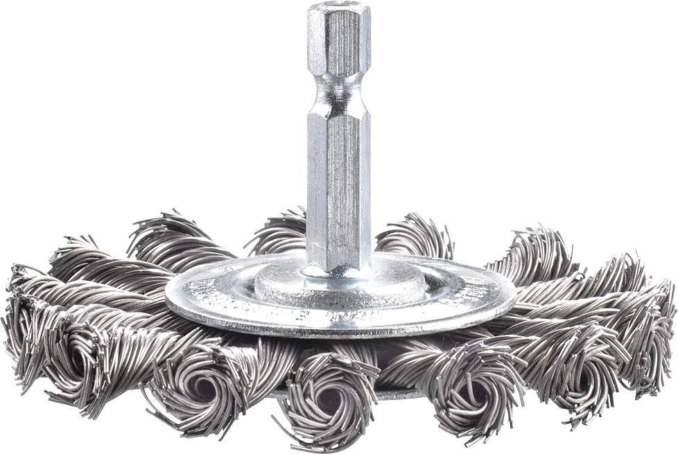 Wire brush attachment with spiral bristles and hexagonal shank, suitable for removing rust and paint from metal surfaces.