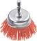 A rotary wire brush with orange bristles and a metal head. It has a shaft for attachment to a drill or similar tool.
