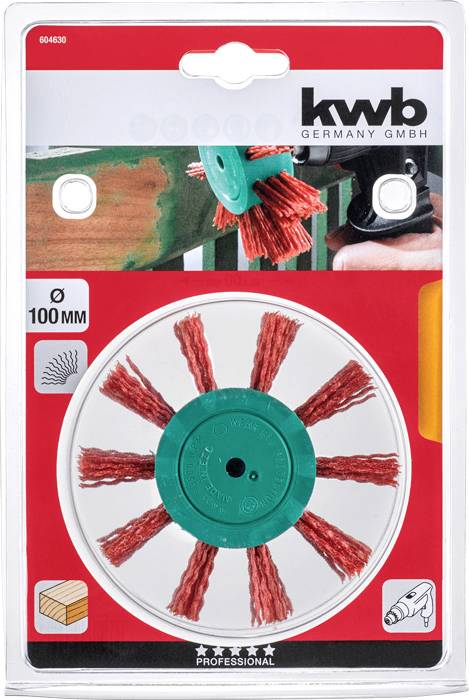 Wire brush attachment for drill in packaging. Suitable for rust and paint removal, diameter 100 mm, KWB brand.